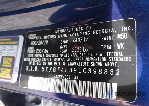 2020 Kia Optima S из США, поврежденный, VIN 5XXGT4L39LG398332